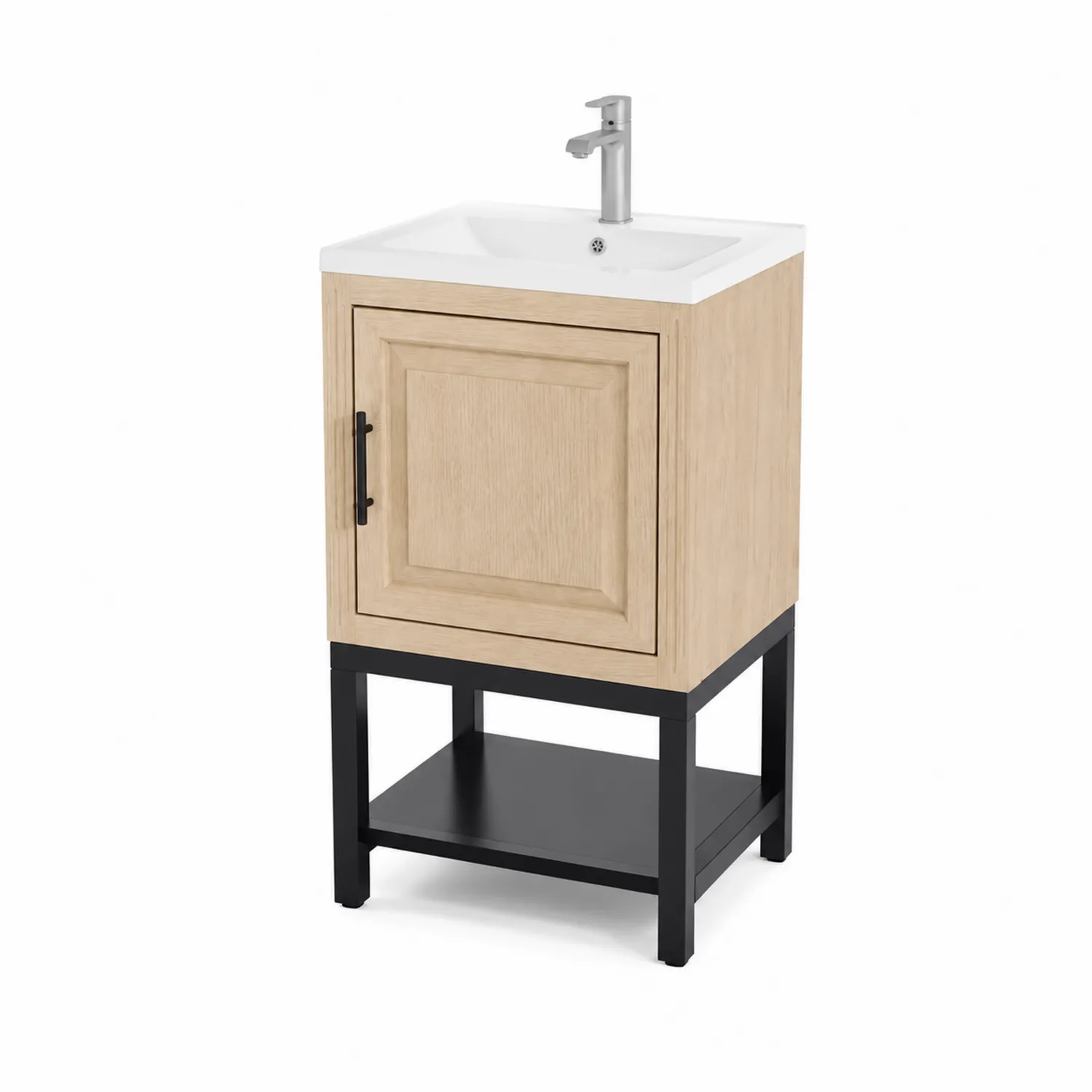 Mueble de lavabo de madera y porcelana, 60x80x45 cm, Natural/Negro