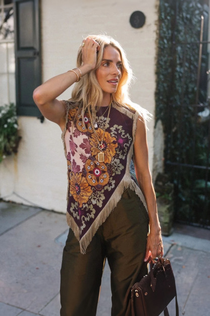 Vintage Floral Fringe Asymmetrical Sleeveless Blouse