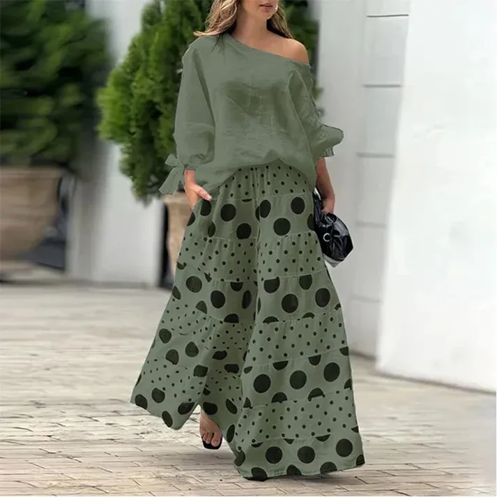 Fashion Summer Set – Diagonal Neck Blouse & Wide Leg Pants(Buy 2 Free Shipping)