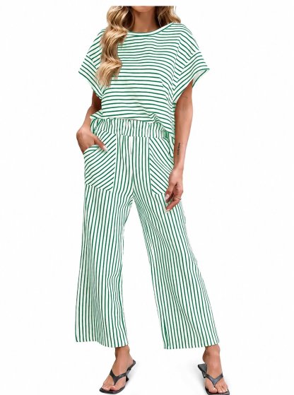 Striped Loungewear Set – Short Sleeve Top & Wide Leg Pants