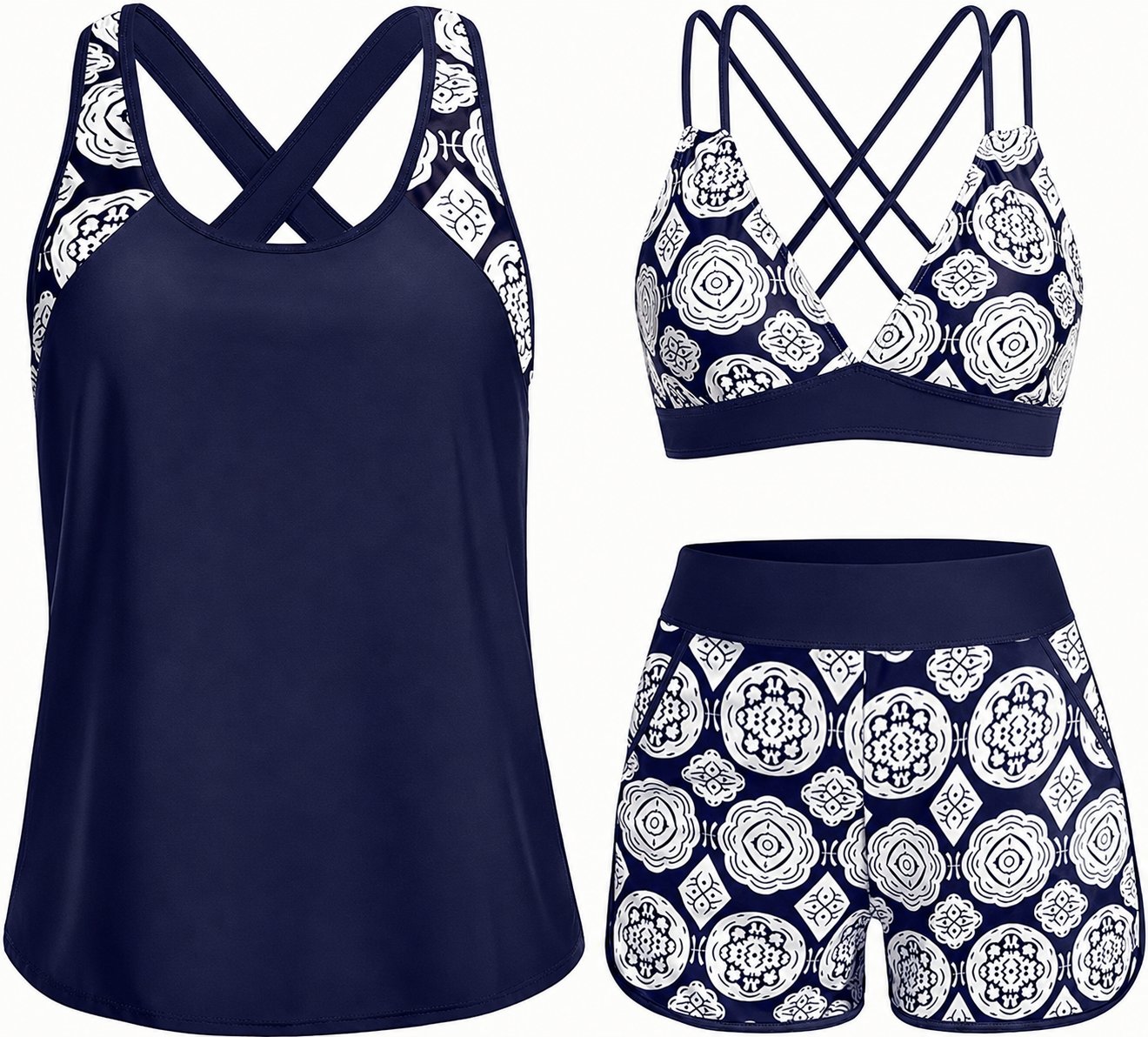 Tropical Print 3-Piece Tankini Swimsuit Set with Crisscross Back Bikini Top & Shorts