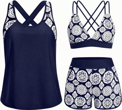 Tropical Print 3-Piece Tankini Swimsuit Set with Crisscross Back Bikini Top & Shorts