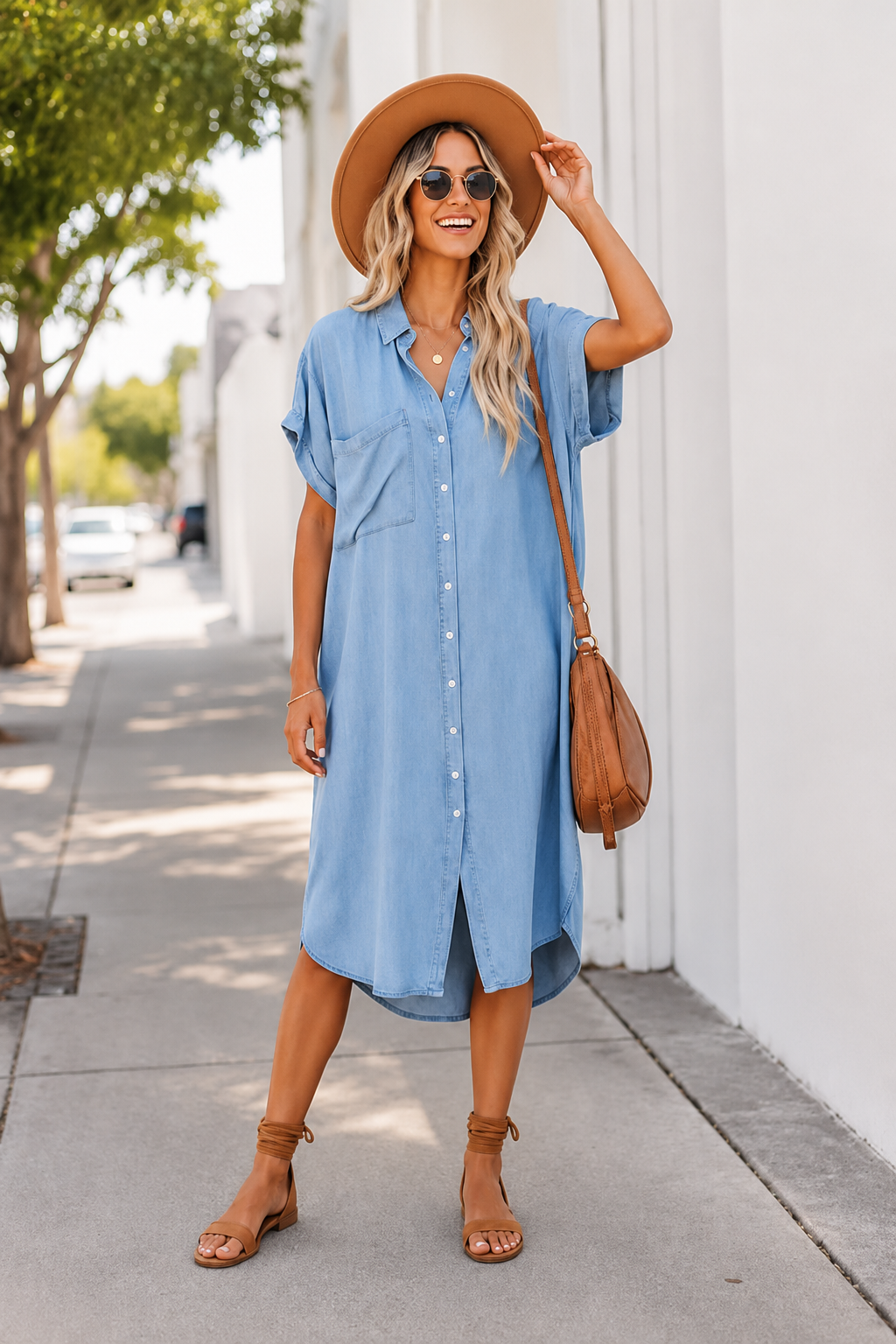 Women’s Casual Denim-Style Midi Shirt Dress