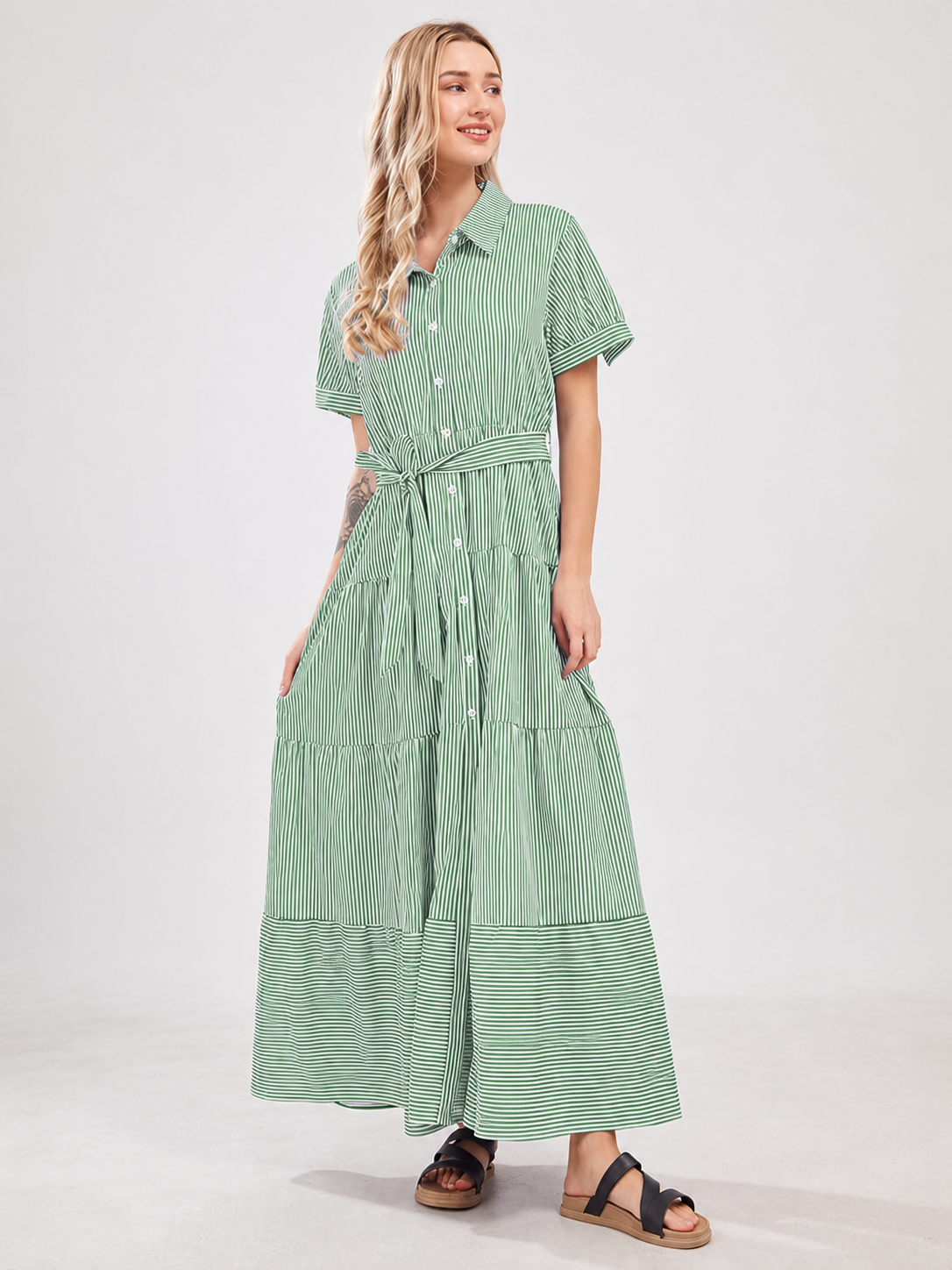 Women’s Striped Button-Front Tiered Maxi Dress