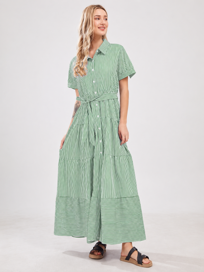 Women’s Striped Button-Front Tiered Maxi Dress