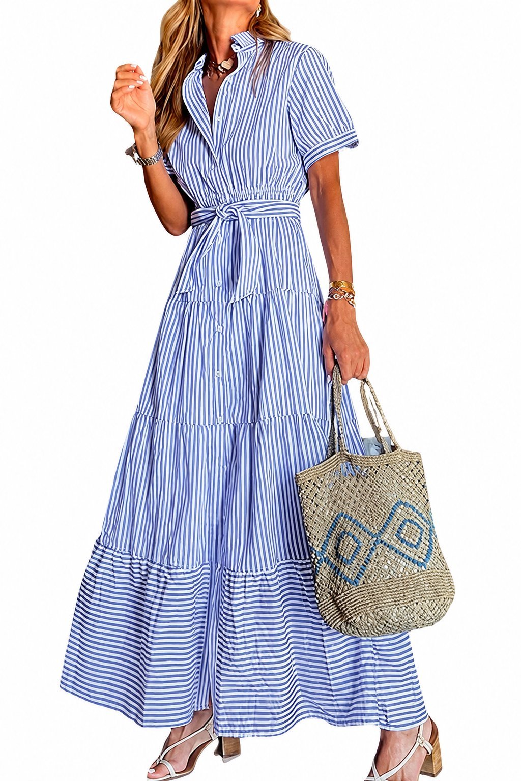 Women’s Striped Button-Front Tiered Maxi Dress