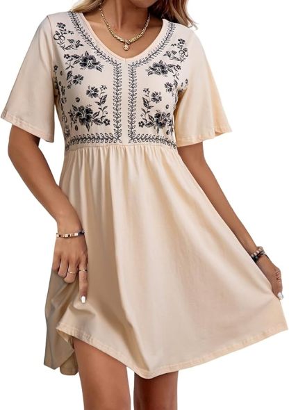 Floral Embroidered V-Neck Short Sleeve Casual A-Line Dress