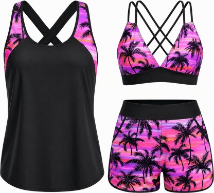 Tropical Print 3-Piece Tankini Swimsuit Set with Crisscross Back Bikini Top & Shorts