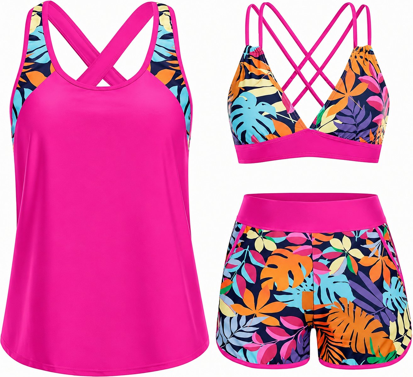 Tropical Print 3-Piece Tankini Swimsuit Set with Crisscross Back Bikini Top & Shorts