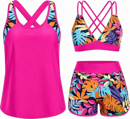 Tropical Print 3-Piece Tankini Swimsuit Set with Crisscross Back Bikini Top & Shorts