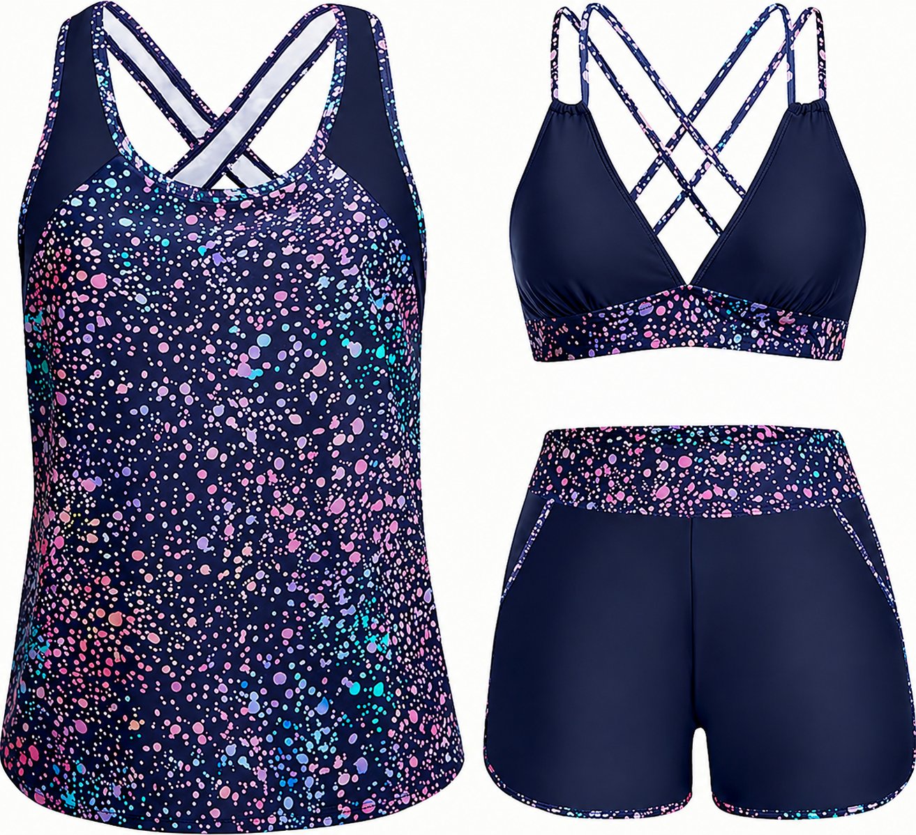 Tropical Print 3-Piece Tankini Swimsuit Set with Crisscross Back Bikini Top & Shorts