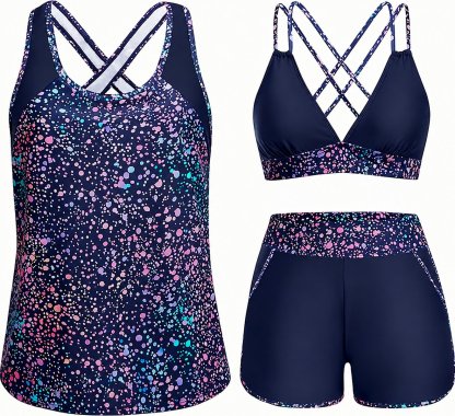Tropical Print 3-Piece Tankini Swimsuit Set with Crisscross Back Bikini Top & Shorts