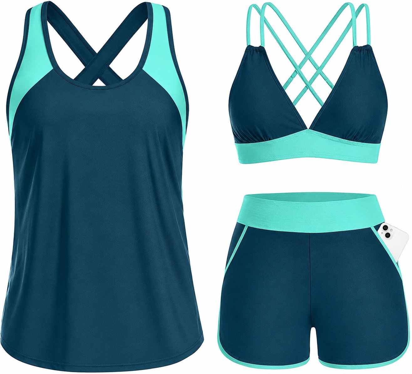 Tropical Print 3-Piece Tankini Swimsuit Set with Crisscross Back Bikini Top & Shorts