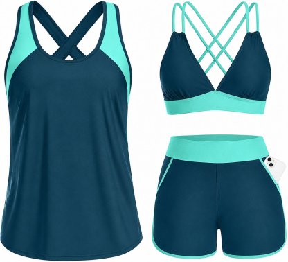 Tropical Print 3-Piece Tankini Swimsuit Set with Crisscross Back Bikini Top & Shorts