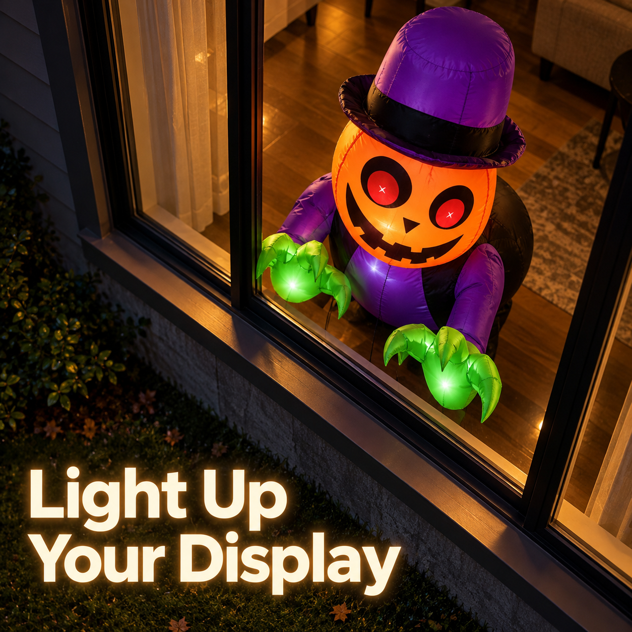 window-display style face and green hands illuminated at a residential window