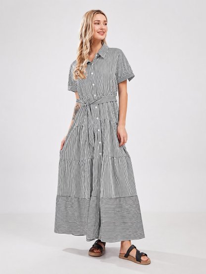Women’s Striped Button-Front Tiered Maxi Dress