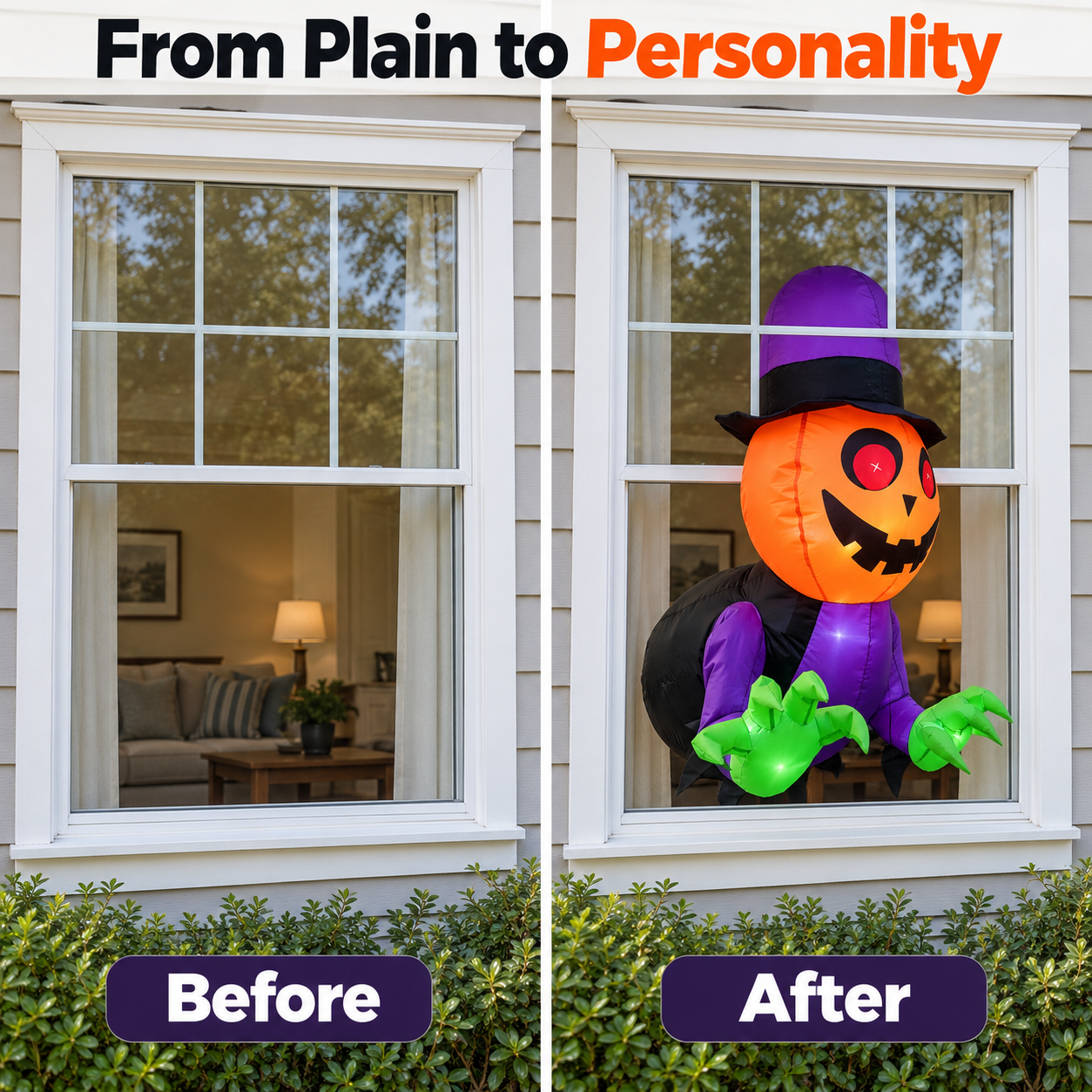 Illustrated comparison of an empty residential window and the same window with the window-display style display