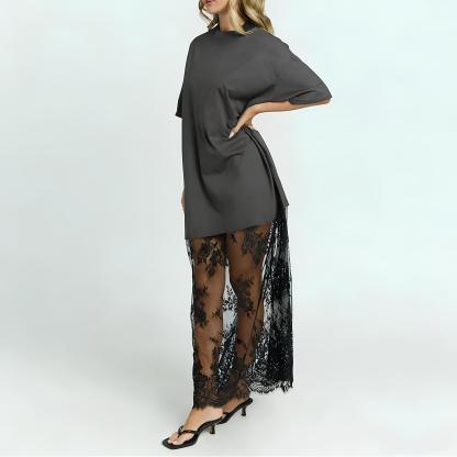 Relaxed and comfortable long lace-trimmed T-shirt dress(Buy 2 Set— Save $10 & Enjoy Free Shipping)