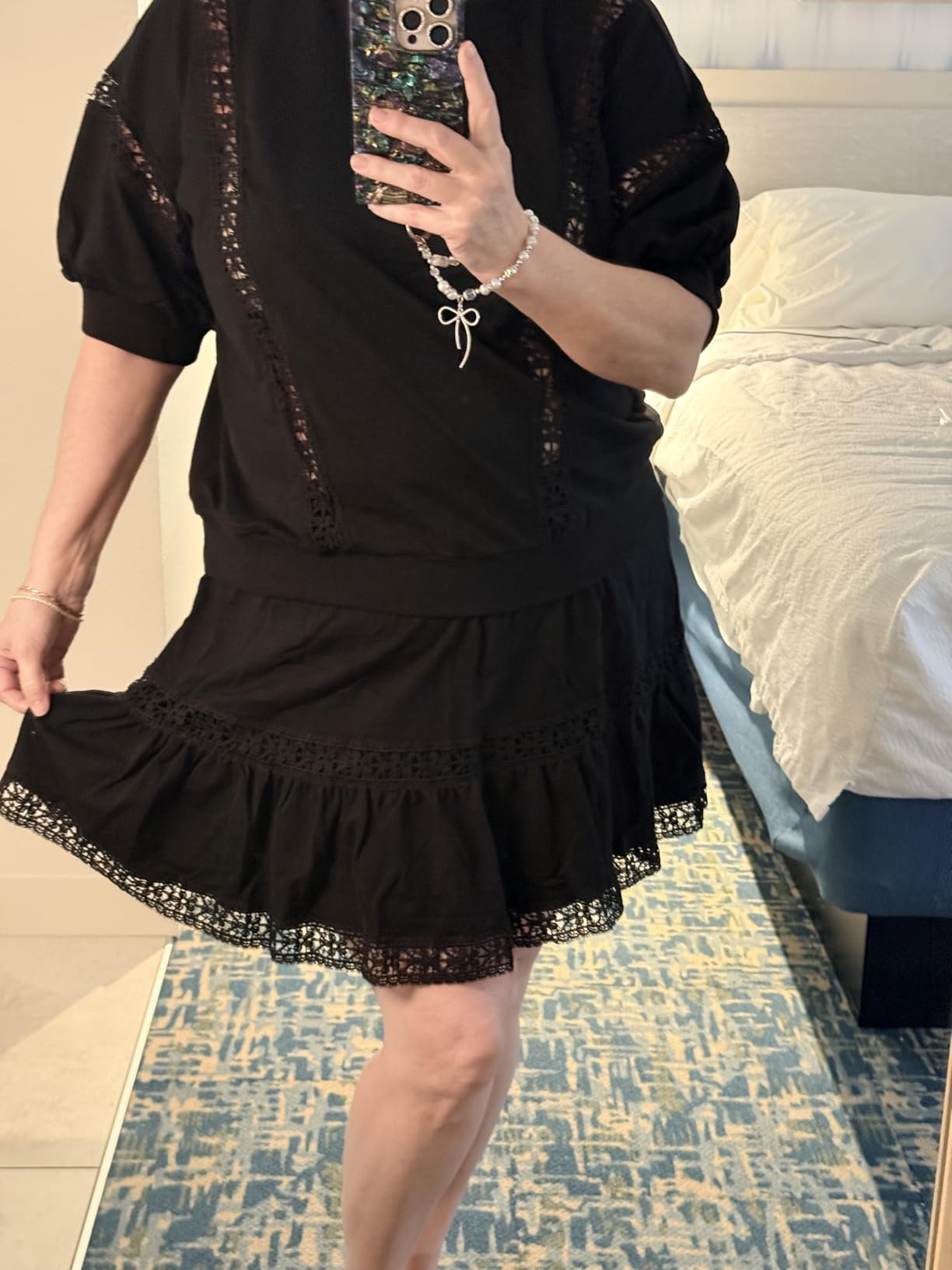 Size down …it runs big. You can see thru the lace detail.