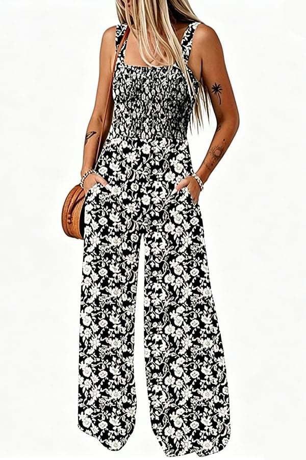 Women’s Sleeveless Printed Wide-Leg Jumpsuit with Pockets