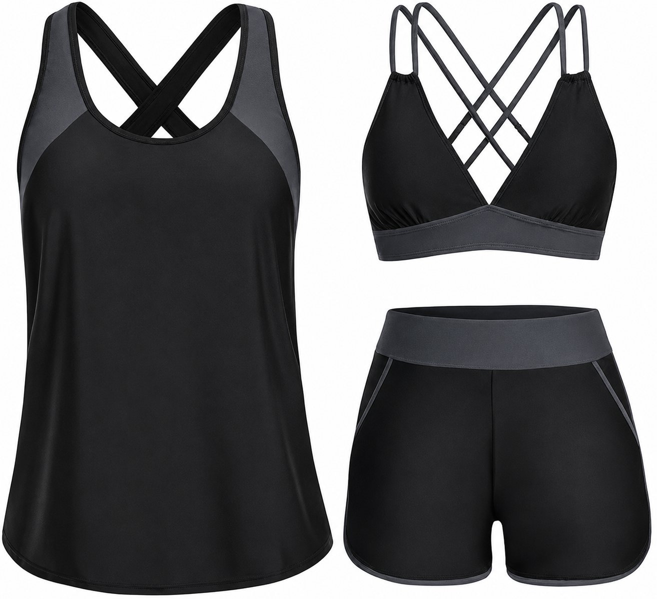 Tropical Print 3-Piece Tankini Swimsuit Set with Crisscross Back Bikini Top & Shorts
