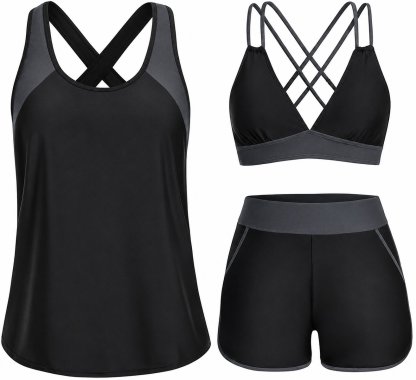 Tropical Print 3-Piece Tankini Swimsuit Set with Crisscross Back Bikini Top & Shorts