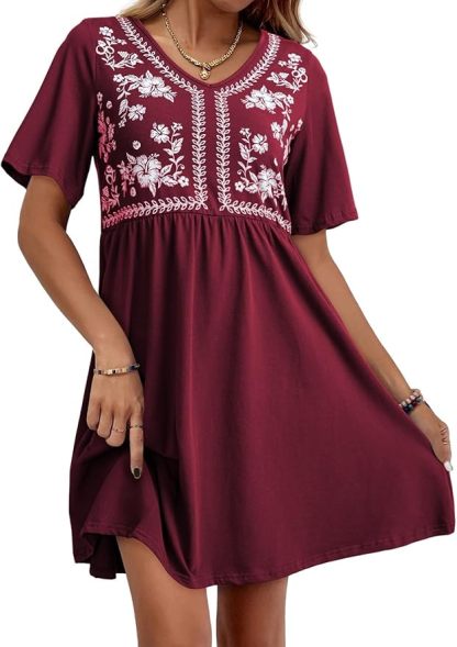 Floral Embroidered V-Neck Short Sleeve Casual A-Line Dress