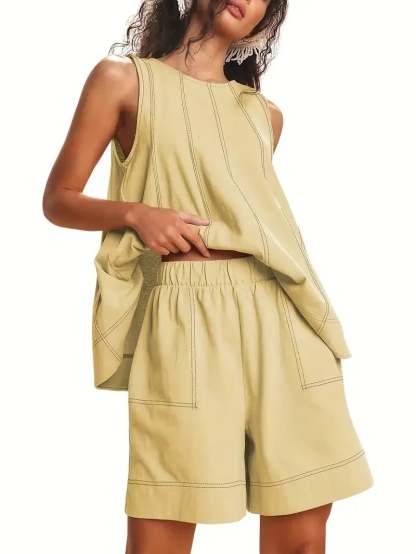 Women's Two Piece Outfit Cotton Matching Set  A-Line Sleeveless Tank Tops and High-Waist Shorts with Pockets