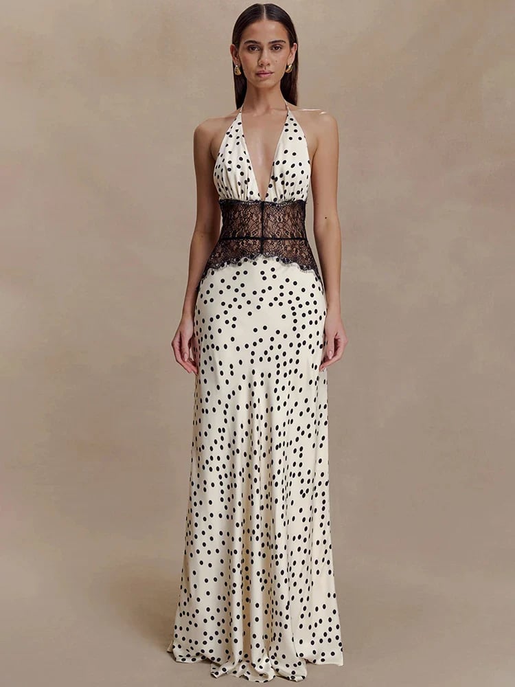 Elegant Halter Lace Polka Dot Maxi Dress