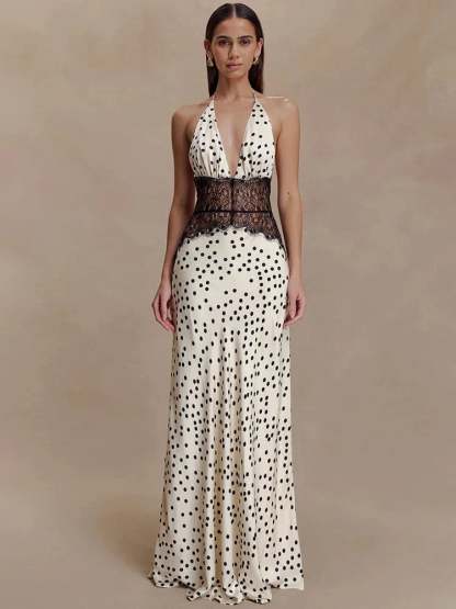 Elegant Halter Lace Polka Dot Maxi Dress