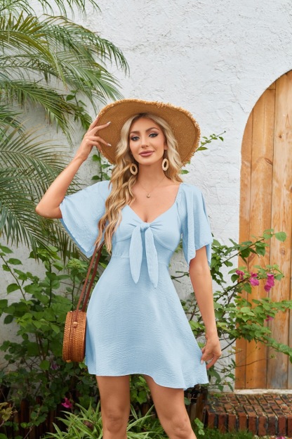 Women's Deep V-Neck Mini Dress with Bow Accent — 2026 Stylish & Elegant Dress