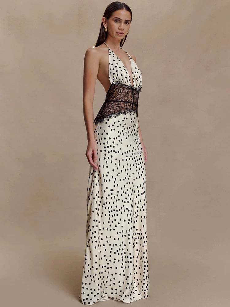 Elegant Halter Lace Polka Dot Maxi Dress