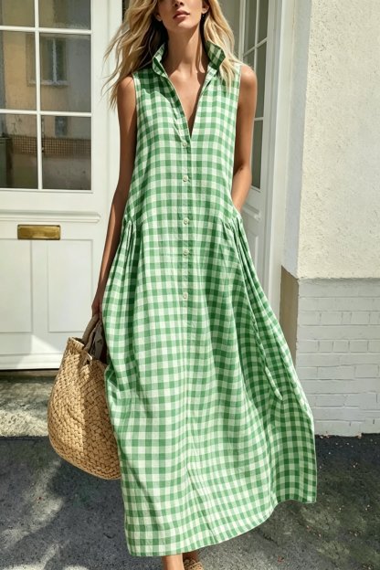 Women's Plaid Sleeveless Maxi Dress with Pockets