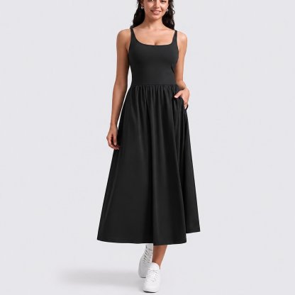 YOGA Square Neck Maxi Dress for Women - Flowy Sleeveless Padded Travel Casual Outfits with Side Pockets(Buy 2 Free Shipping)