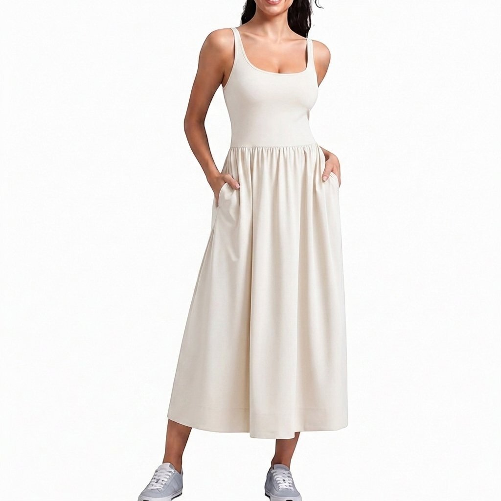 YOGA Square Neck Maxi Dress for Women - Flowy Sleeveless Padded Travel Casual Outfits with Side Pockets(Buy 2 Free Shipping)