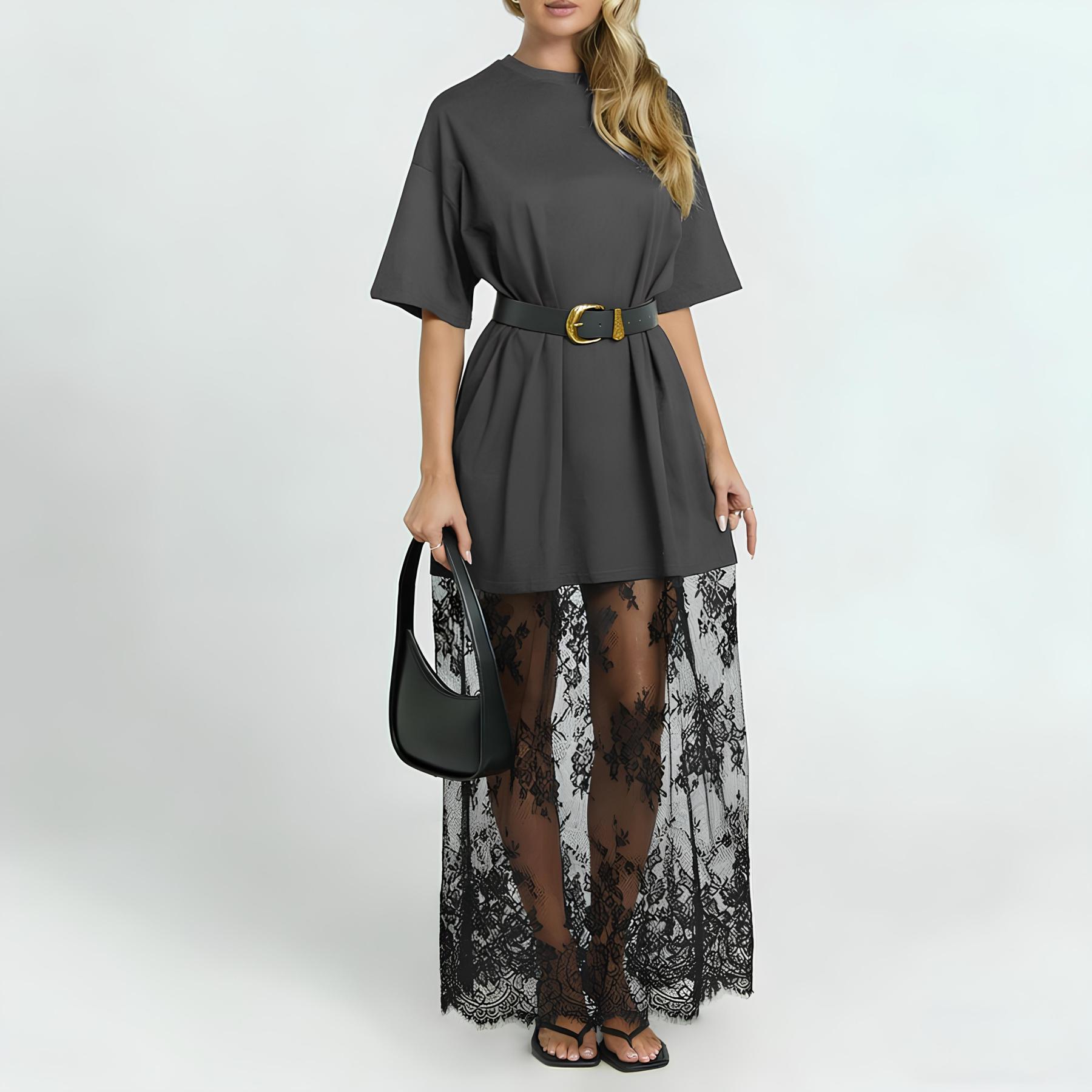 Relaxed and comfortable long lace-trimmed T-shirt dress(Buy 2 Set— Save $10 & Enjoy Free Shipping)