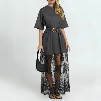 Relaxed and comfortable long lace-trimmed T-shirt dress(Buy 2 Set— Save $10 & Enjoy Free Shipping)