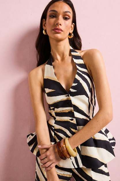 Women’s Zebra Print Halter Top & Wide Leg Pants Set