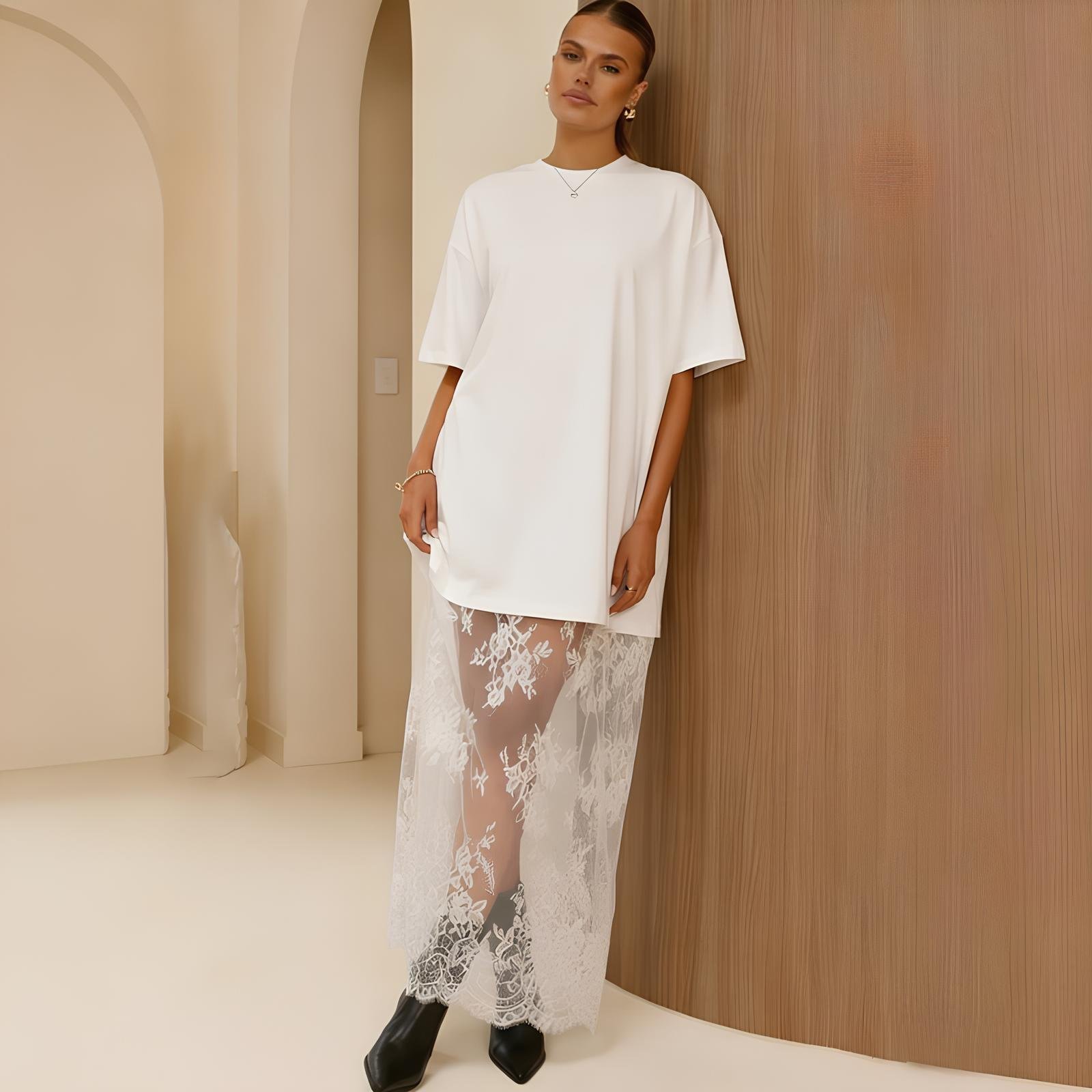 Relaxed and comfortable long lace-trimmed T-shirt dress(Buy 2 Set— Save $10 & Enjoy Free Shipping)