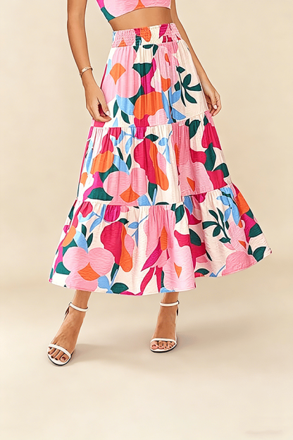 Floral Boho Maxi Skirt for Women – Flowing Tiered Pleated Design with Elastic Waist