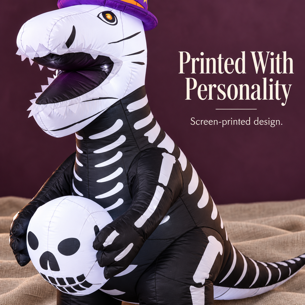 Screen-printed skeleton details and skull ball on the White Ghost inflatable