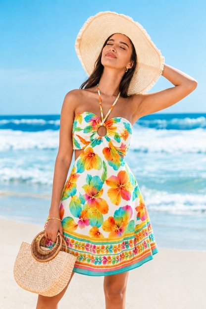Women's Plus Size Floral Halter Dress – Sleeveless Cut-Out Flared