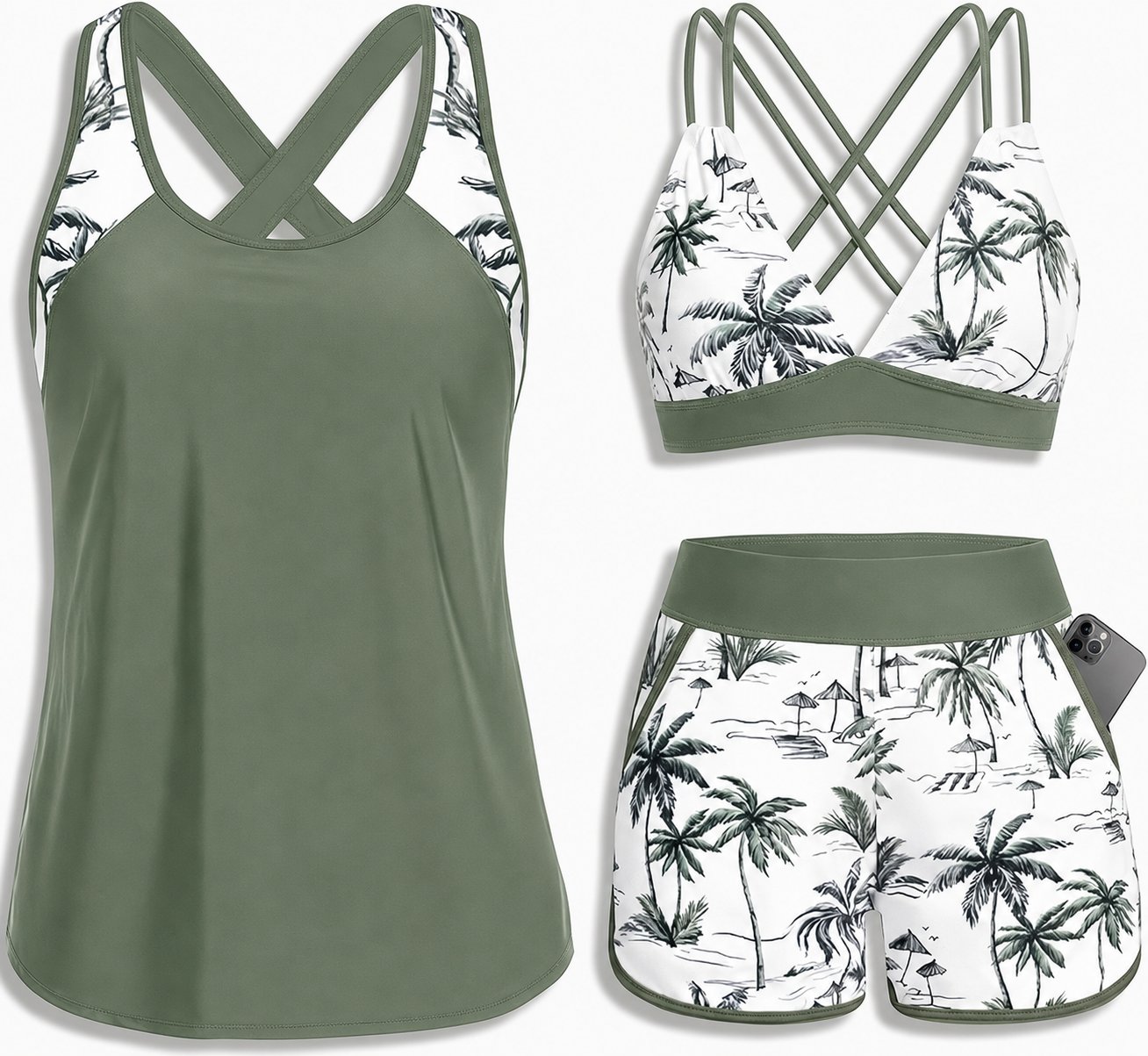 Tropical Print 3-Piece Tankini Swimsuit Set with Crisscross Back Bikini Top & Shorts