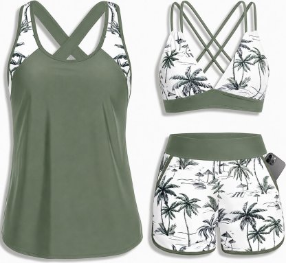 Tropical Print 3-Piece Tankini Swimsuit Set with Crisscross Back Bikini Top & Shorts