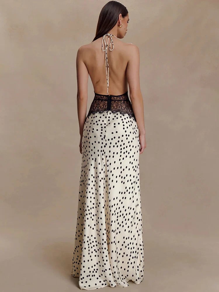 Elegant Halter Lace Polka Dot Maxi Dress