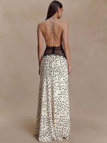 Elegant Halter Lace Polka Dot Maxi Dress