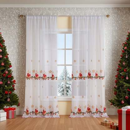 Transparente Weihnachtsgardinen mit Stickmotiven