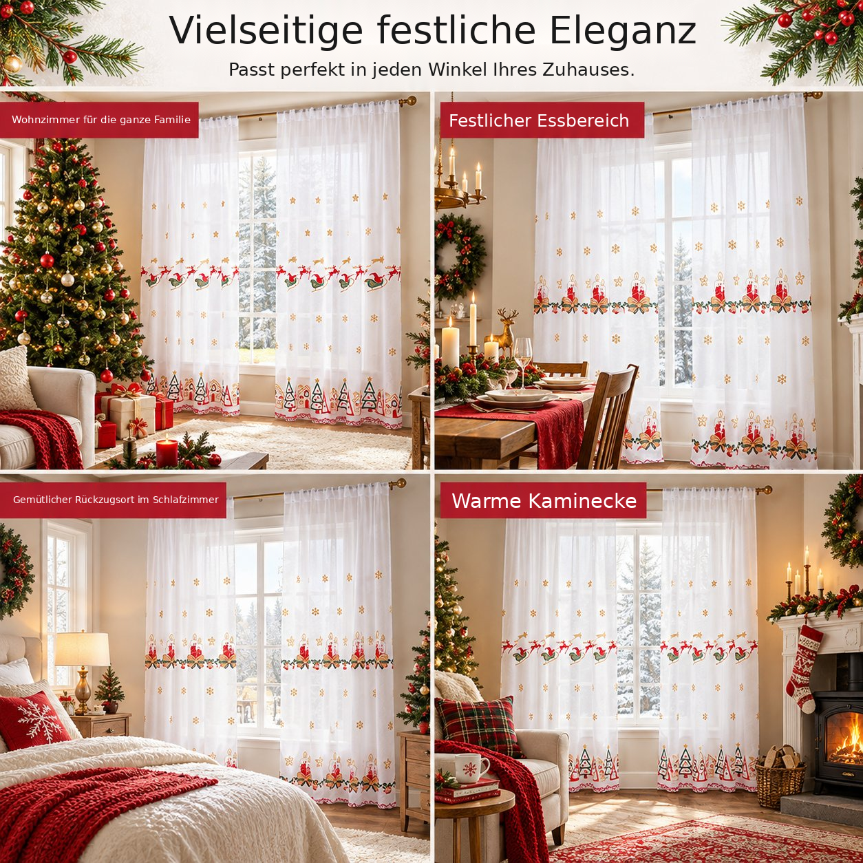 Transparente Weihnachtsgardinen mit Stickmotiven