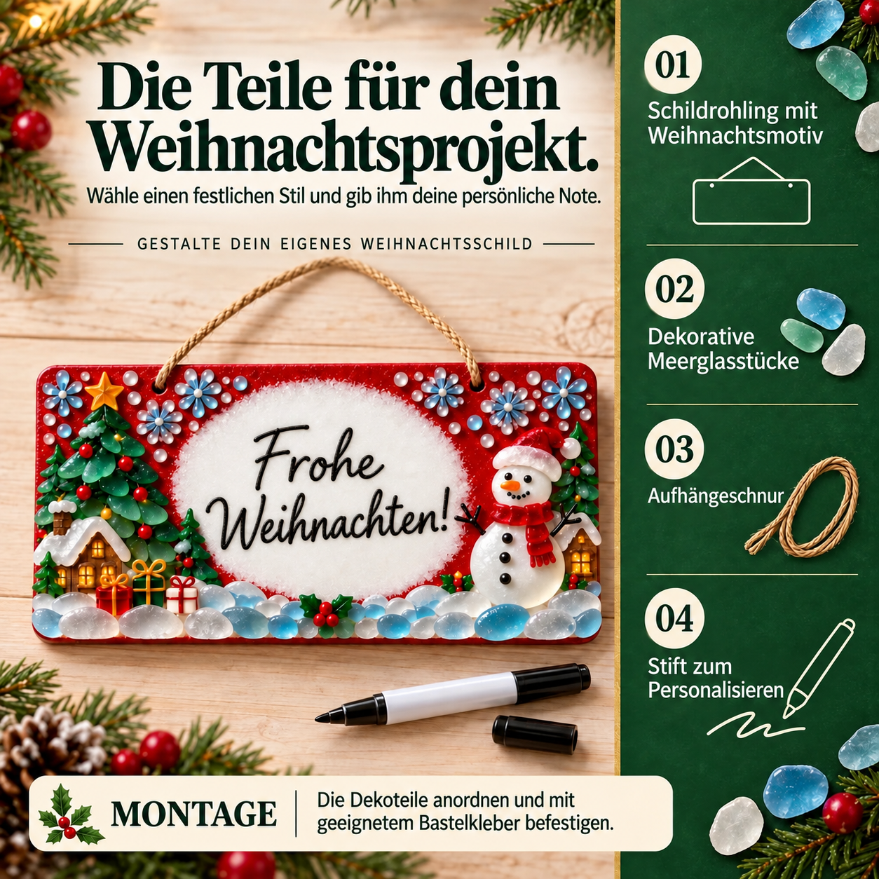 DIY-Weihnachtsschild mit dekorativen Glasstücken