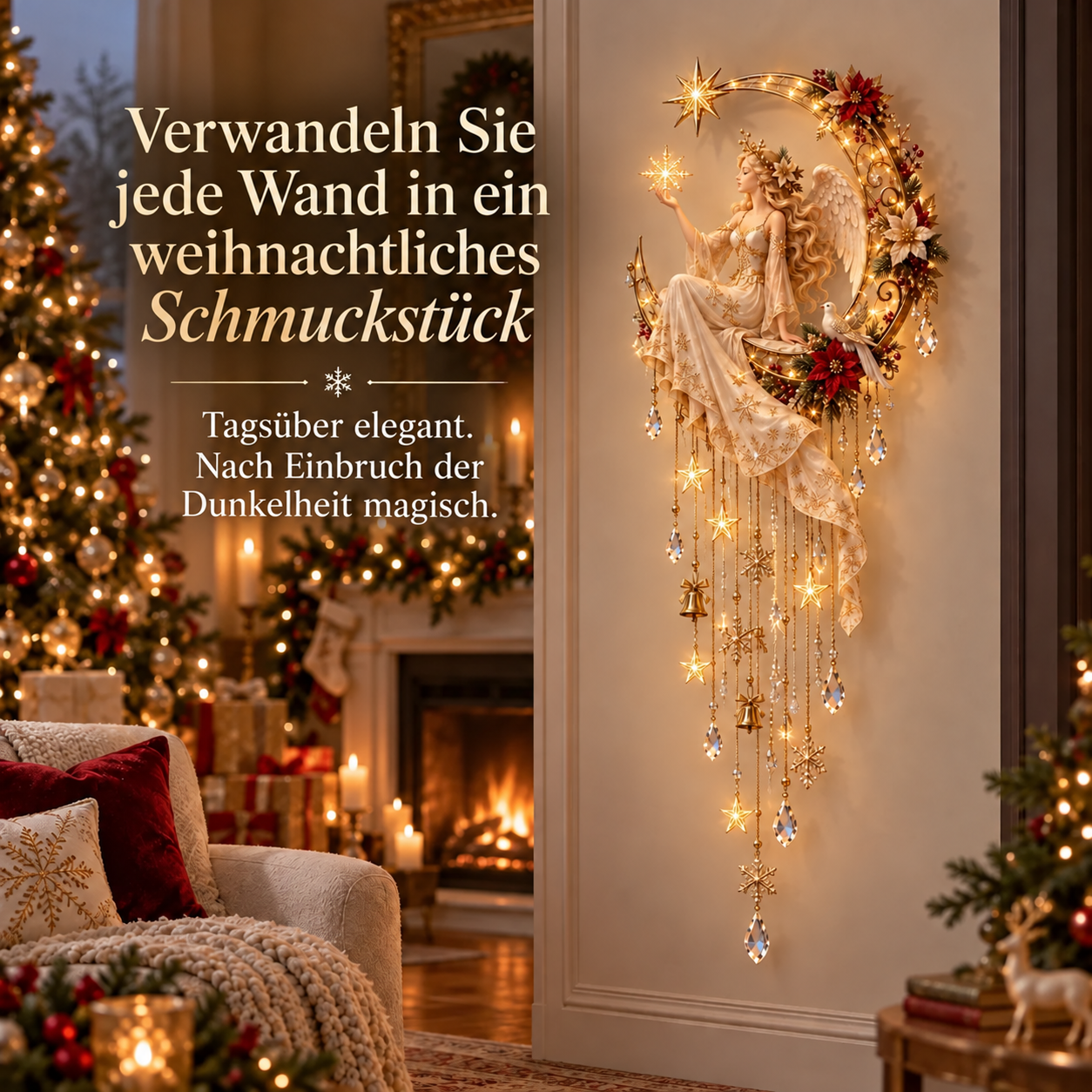 Beleuchtete Engel-Wanddekoration mit Halbmond